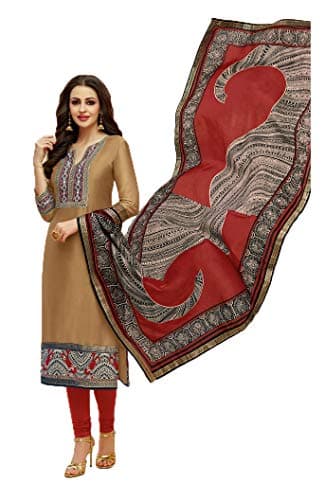 Cotton Fabric Heavy Embroidered Churidar Salwar Suit with Chanderi Digital Print Dupatta (X-Small, Brown)