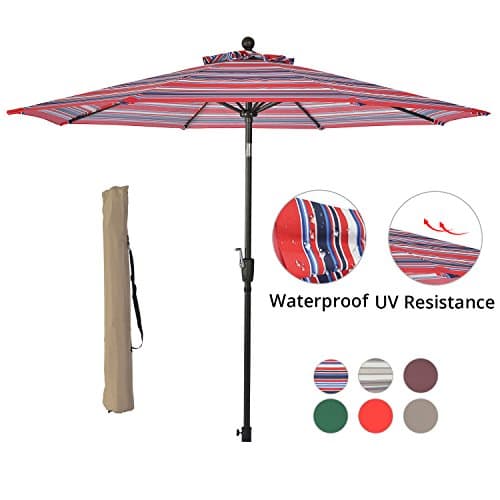 SUNLONO 9' Outdoor Patio UV Protective Table Umbrella Backyard Garden with 8 Sturdy Ribs, Crank Winder, Push Button Tilt， Red and Blue
