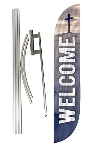LookOurWay Feather Flag Set, 12 ft Advertising Flag with Fiberglass Poles and Ground Spike for Business Promotion, Church Theme (Welcome)