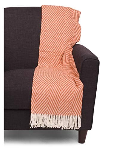 Luxury Fringed Decorative Oversized Throw Blanket Toss Geometric Chevron Herringbone Zig Zag Pattern in Shades of Dark Orange and White Fringed Edge