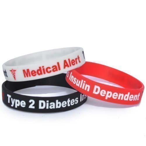 TYPE 2 DIABETES WRISTBAND (1 x WHITE WRISTBAND) MEDICAL ALERT – 3 TONE BRACELET – 100% Silicone id card Emergency diabetic identity rubber Insulin Dependent permanent ink Debossed bands