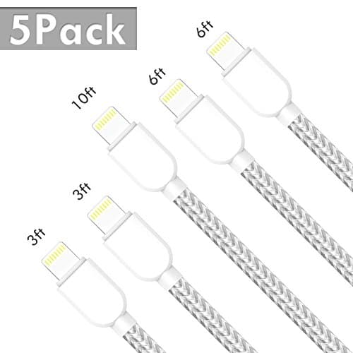 HAODIDI iphone Cables Extra Long Nylon Braided Lightning Cable,5 Pack [3/3/6/6/10 FT] USB Charging & Syncing Cord Charger for iPhone X/8 & other series--Silver&Gray