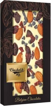 Chocholik Belgium Strawberry & Almond with Choco Chips 30% White Chocolate Bar