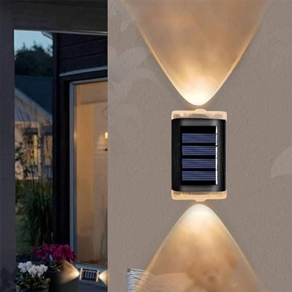SHOPELLA Solar Wall Lights Small Fence Lights Solar Powered, Up Down 2 LED Porch Light, Luces Solares para Exteriores Garden Lights, Outdoor Solar Landscape Lights, Waterproof(Pack of 2)