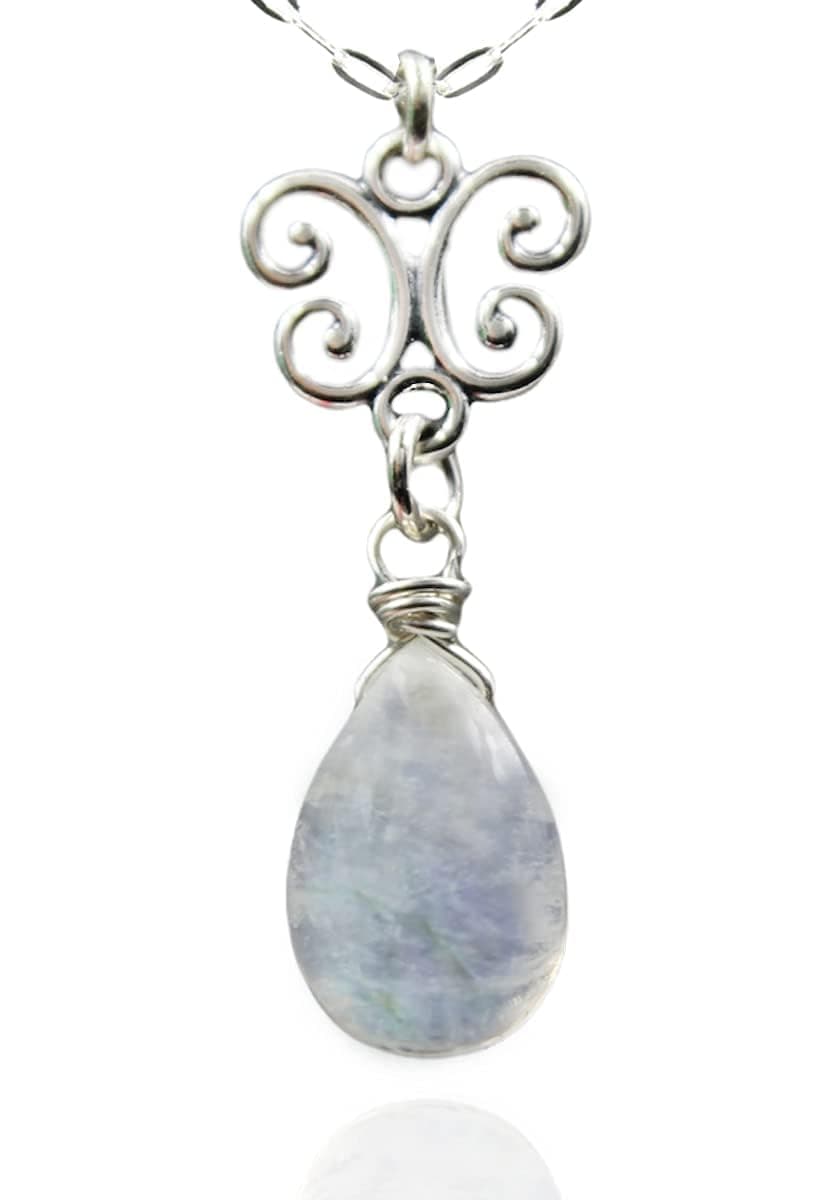 LND Natural Rainbow Moonstone Pendant, White Gemstone Necklace for Her, June Birthstone Jewelry, Teardrop, Gift For Women, 925 Sterling Silver, 18 Inch Chain (Butterfly)