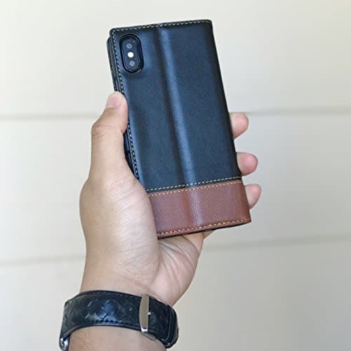 Purfit Design Apple iPhone X Leather Case -Handmade Genuine Leather Folio Wallet Case Cover Magnetic Clasp for iPhone X -[Magnetic Clasp] [Wireless Charging] [Earpiece Holes] (Black/Brown)