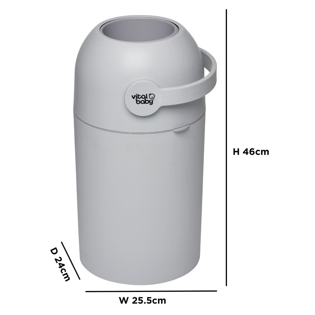 Vital Baby HYGIENE Odour-Trap Nappy Disposal System - Nappy Bin for Disposable and Reusable Diapers – Traps Odours, Germs & Bacteria – Holds 25 Nappies with no Refill Cassettes - Grey