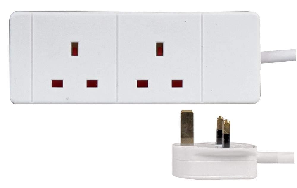 2 Gang Multi Plug Extension Lead 1m Power Strip | 2 Socket Mains Electric Power Extension Cord | 2 Way Socket 1 Metre Extension Cable UK - White