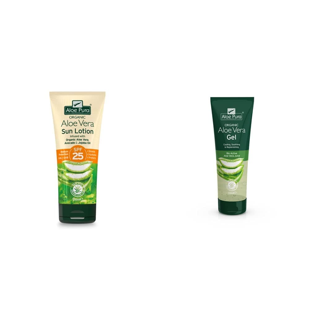 Aloe Pura, Organic Aloe Vera Sun Lotion SPF 25, Natural, Vegetarian, Cruelty Free, Paraben & SLS Free, Long-Lasting Shield, Medium Protection, 200ml & Organic Aloe Vera Gel 100ml