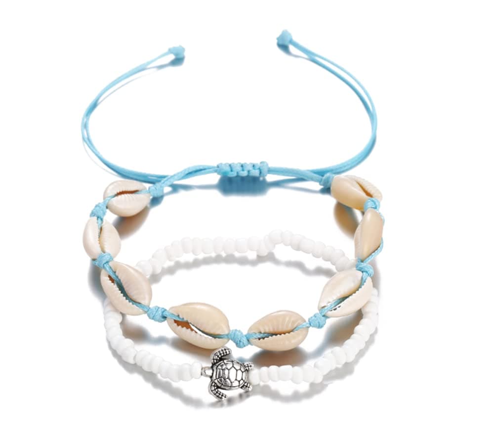 Turtle Anklets, Turtle Layered Shell Anklet Set Silver Ankle Bracelets Beaded Foot Chain Beach Foot Jewelry Accessories for Women and Teen Girls, One Size
