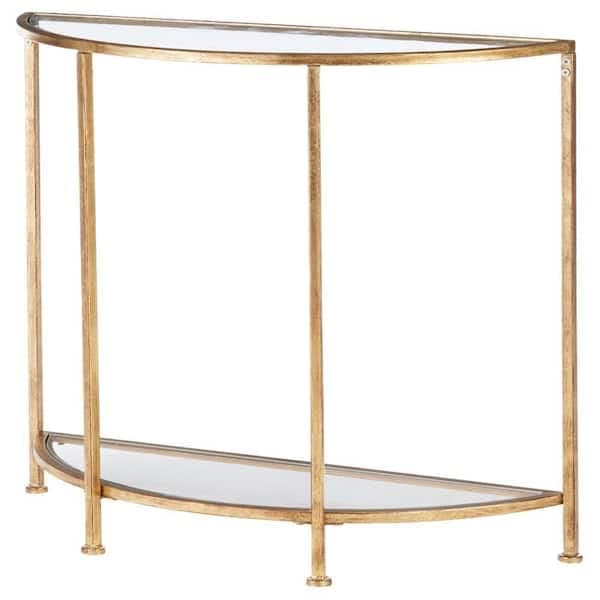 New Mark Impex Gold Leaf/Clear Standard Half Moon colsole Side Table Glass Console Table with Storage Side Table, (Golden 2 Glass)