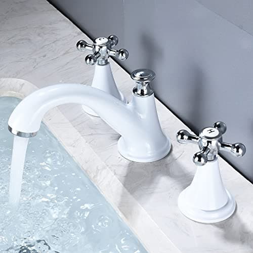 Siyaglass Brass Bathroom Sink Faucet, Basin Faucet Brass Widespread Bathroom Sink Faucet 3 Hole Widespread Basin Mixer Double Handle Hot Cold Water Tap (Color : White)