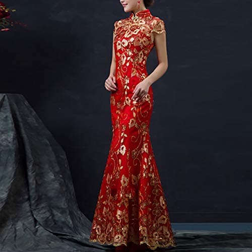 Jumpsuit 2 PCS Slim Fishtail Long Wedding Cheongsam Traditional Dress, Size:XL(Red) (Color : Red)