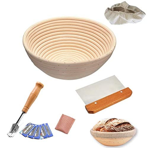 10" Round Bread Proofing Basket for Sourdough Proofing, Professional Baking Tool 4 Pack Set - Bread Proofing Basket& Linen Liner &Dough Scraper & Bread Starter Scoring Knife for Home Bakers