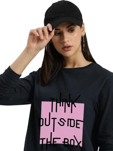 Think Print Full Sleeves Oversized T-Shirt for Women, Loose Fit T-Shirt