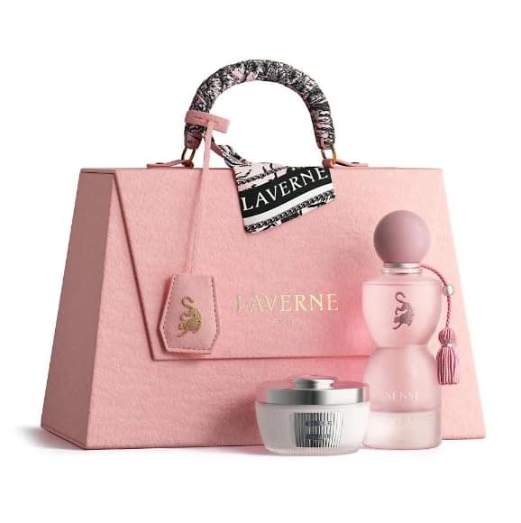Laverne Perfume Gift Set, Sense Eau de Parfum, Body Powder, Tote Bag, Pink.
