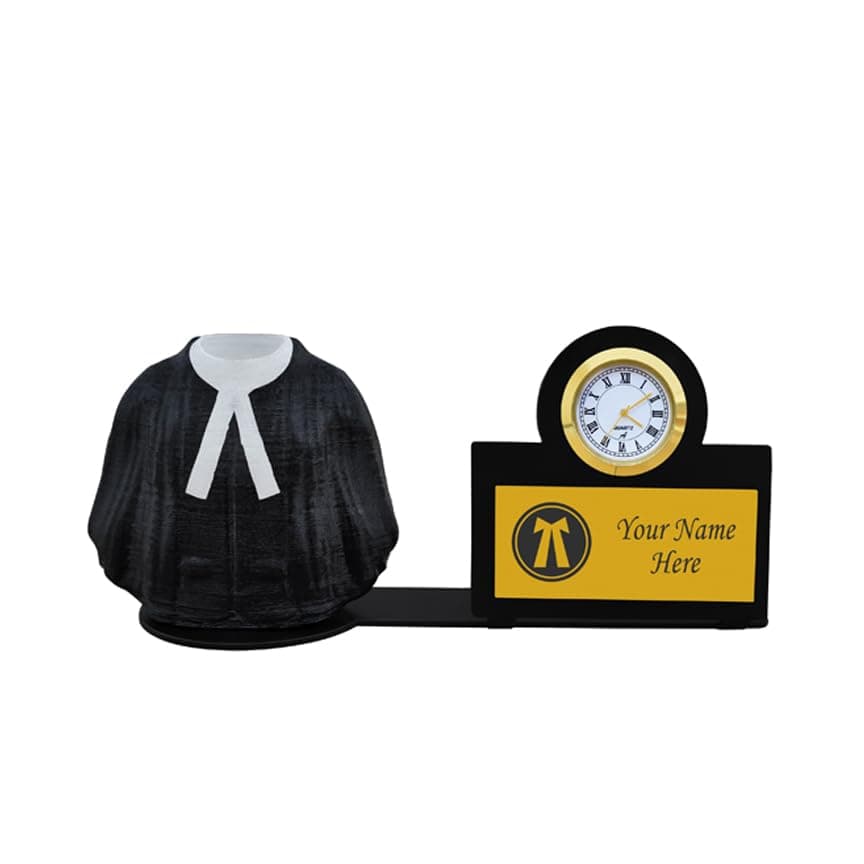 SAVRI Personalized Advocate Coat Metal Base Pen Stand with Watch, Name Plate with Post. Ideal Gift for Advocates, Lawyers, Vakils & Judges. Best for Birthday, Ceremony, Anniversary - Size 4x8 Inch