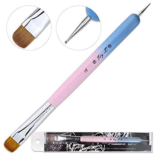 Ivy L Premium 2 Way French Gel Acrylic Nail Art Kolinsky Brush With Dotting Tool for Professional Manicure Cuticle Clean Up Nail Art Design, Pink Blue Wood Handle (Size 18)