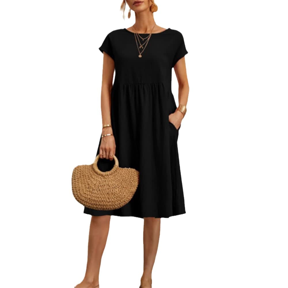 Women's Short Sleeve Cotton and Linen Dress (L,Navy Blue)