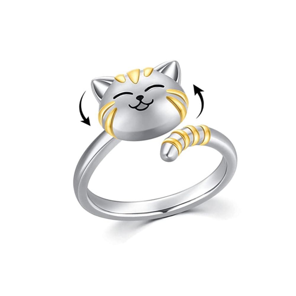 Cute Cat Pet Anxiety Relieve Spinner Rings Kitten Animal Fidget Open Adjustable Ring Sterling Silver Plated Worry Stress Relieving Boredom ADHD Autism Jewelry Stacking Finger Promise Engagement Gift