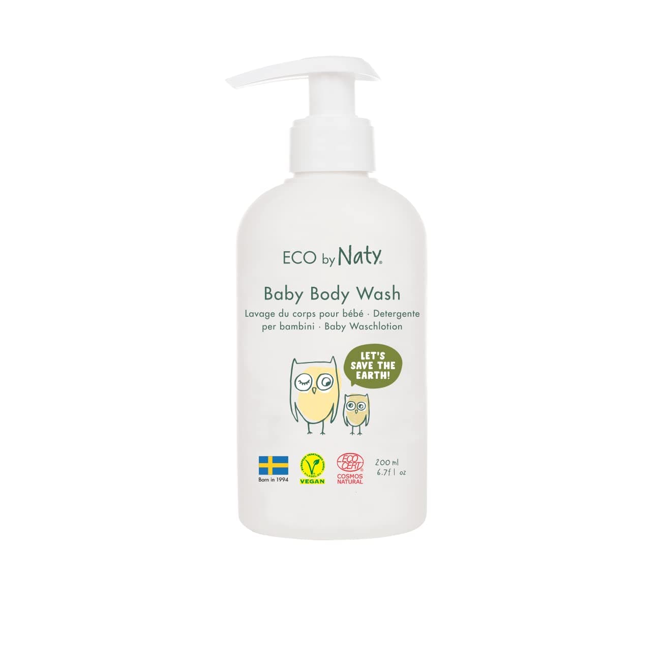 Eco by Naty, Baby Body Wash, Organic Plant-Based Ingredients with 0% Perfume, Hypoallergenic and dermatologically Tested, 200 ml Bottle