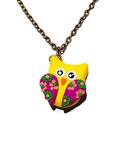 Yellow Owl Charm Necklace, Handmade Polymer Clay Owl Pendant with Floral Designs, Kawaii Owl Woodland Animal Jewelry, Valentines Day Gift Idea for Kids