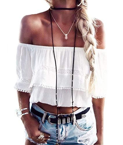 Womens Summer Short Sleeve Casual Tee Shirts Chiffon Strapless Blouses and Tops (L, White-Biege)