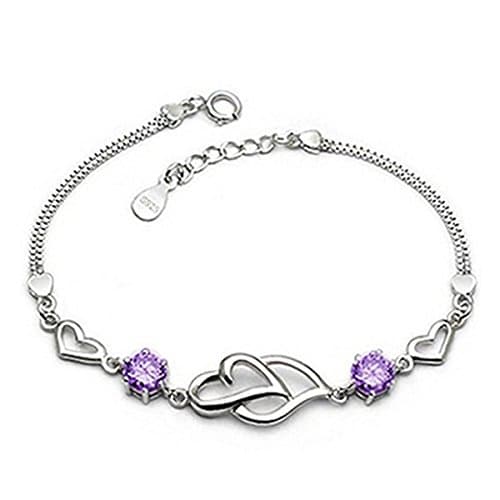 NaivoFashion 925 Silver Plated Double Heart Love Purple Crystal Bracelet Chain Women Girl Gift