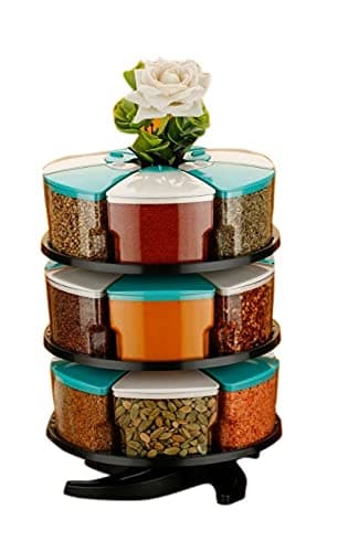 PRAMUKH FASHION 360° Spice Rack Set of 18 Piece 3 Layer Spice Set -Plastic White and Blue-18
