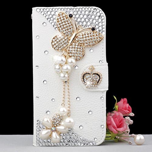 White Luxury 3D Fashion Handmade Bling Diamond PU Flip Leather Case Cover For Smart Mobile Phones 7 (LG Optimus Dynamic 2 II LG39C L39C, Butterfly)