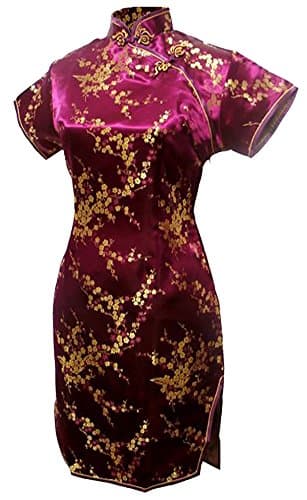 7Fairy Women's Burgundy Floral Mini Chinese Evening Dress Cheongsam