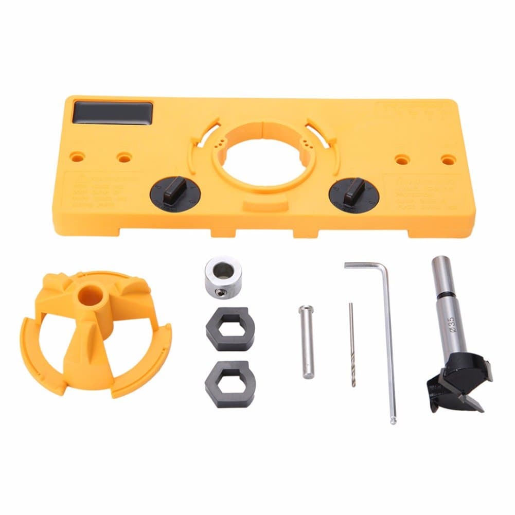 Evwoge 35mm Hinge Hole Saw Jig Drilling Jig + 35mm Drill Set Hinge Hole Saw Jig Drilling Guide Locator Hole Opener with Depth Stop Jig DIY Tool