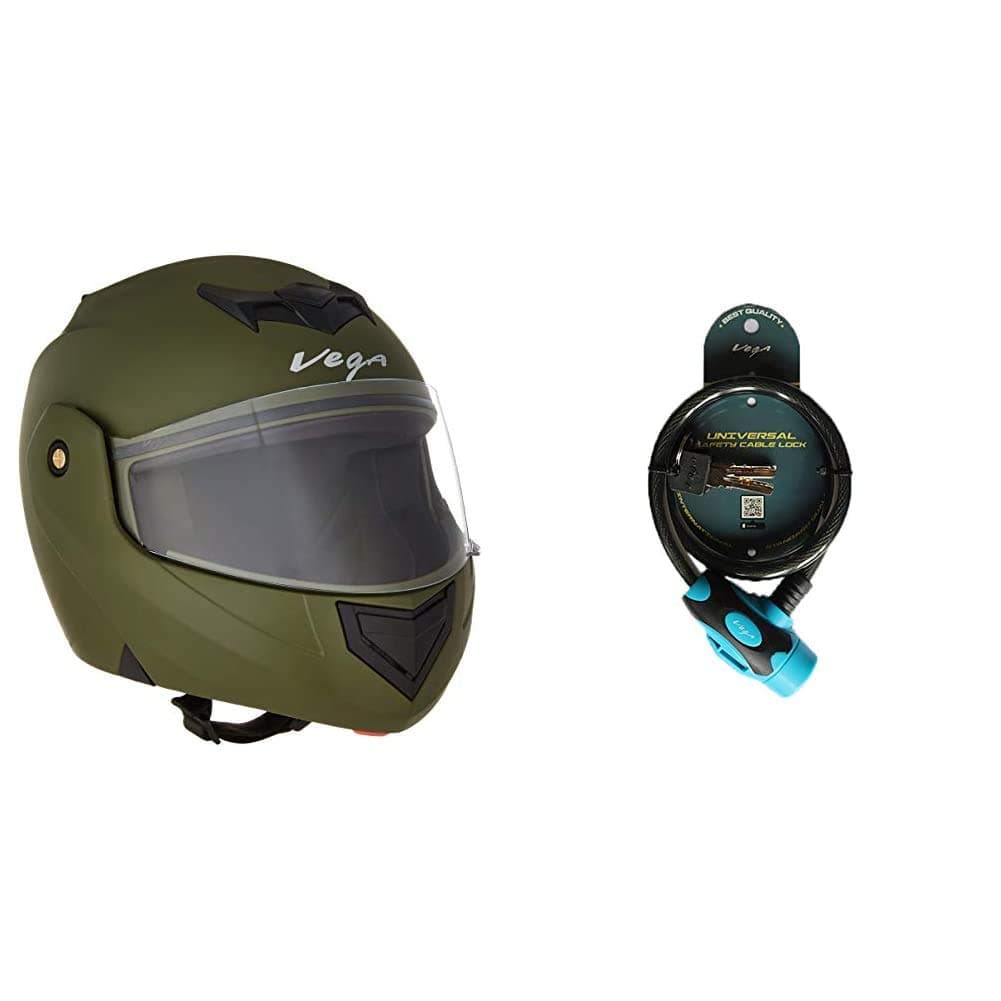 Vega Crux DX Flip-Up Helmet (Dull Battle Green, M) and Vega Safety Cable Lock Dull Black Blue