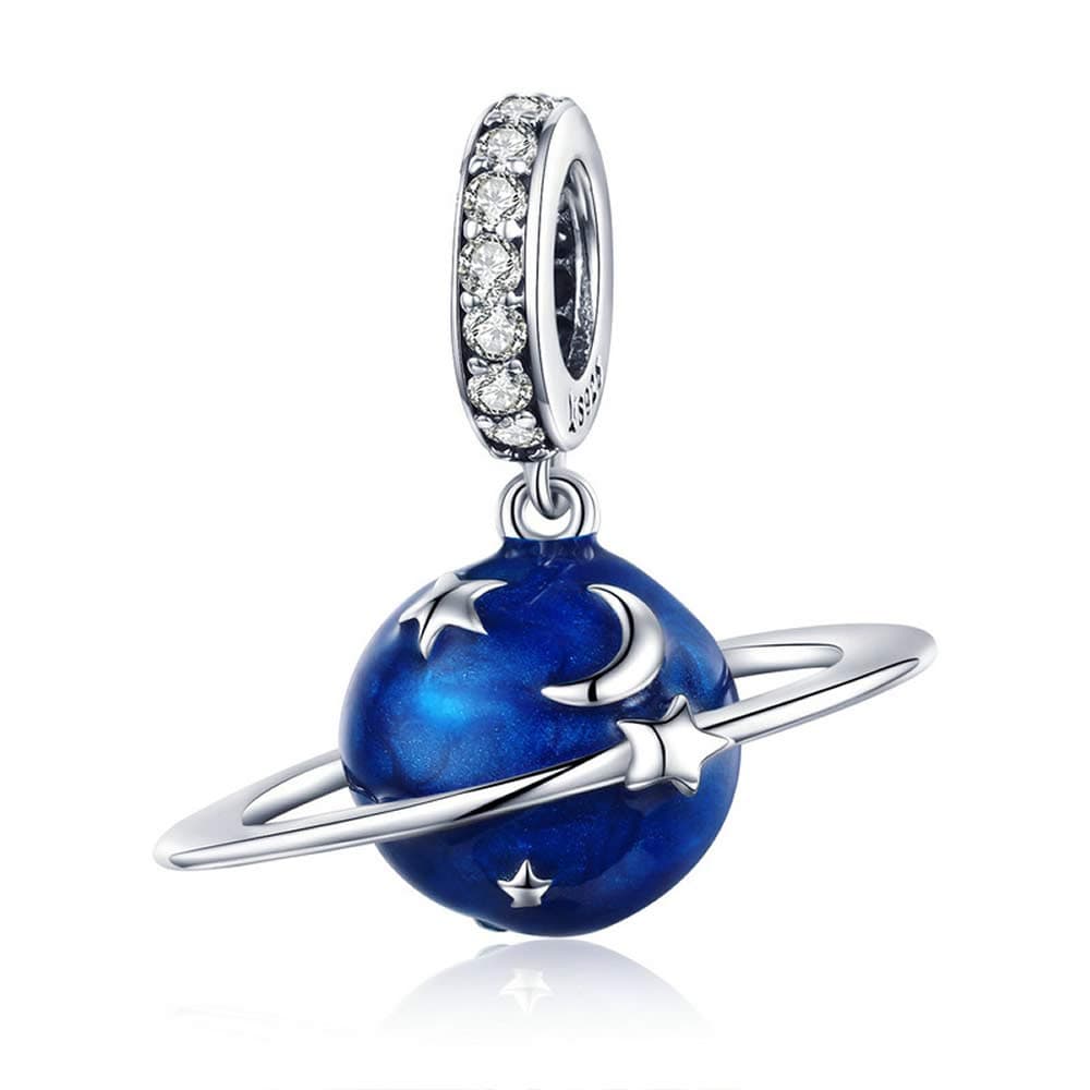 Blue Planet 925 Sterling Silver Secret Planet Moon Star Pendant Blue Enamel Charms Fit Charm Bracelets Necklace Silver Jewellery