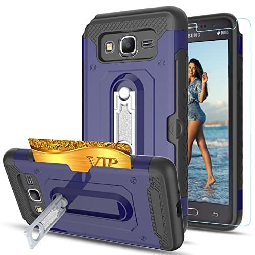 Galaxy Grand Prime Case,Galaxy J2 Prime Case With HD Phone Screen Protector,Ymhxcy [Card Slots Wallet Holder] Rotating Bracket Dual Layer Shockproof Case Cover for Samsung Galaxy G530-HM Blue