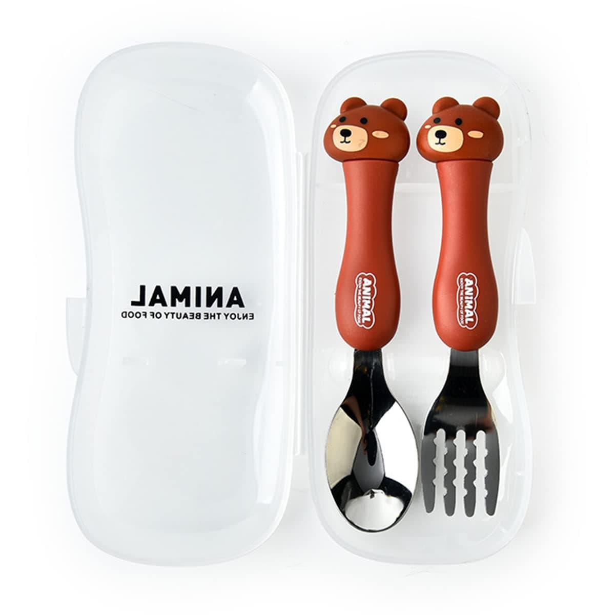 IBAMA Cartoon Toddler Utensils Cute Animal Stainless Steel Children's Tableware Set Student Fork and Spoon Two Piece Creative Cutlery Set with Portable Travel Case For Girls Boys Kids-Bear Brown