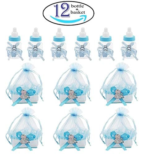 Noex Direct 12pcs Candy Bottle  and 12pcs Organza Baby Shower  Basket Sheer Gift Bag Baby Shower Supplies for Baby Parties Birthday (Blue)