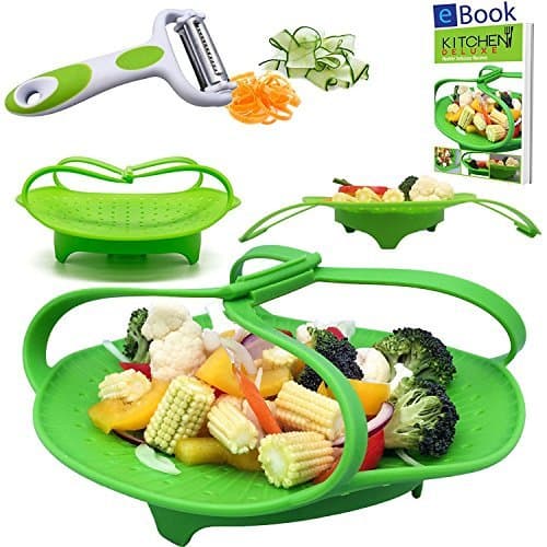 PREMIUM Silicone Vegetable Steamer Basket - Green - BEST Bundle - Fits Instant Pot - BONUS Accessories - eBook + Julienne Peeler - 100% Silicon - Food Steam Insert - For Instapot Pressure Cooker