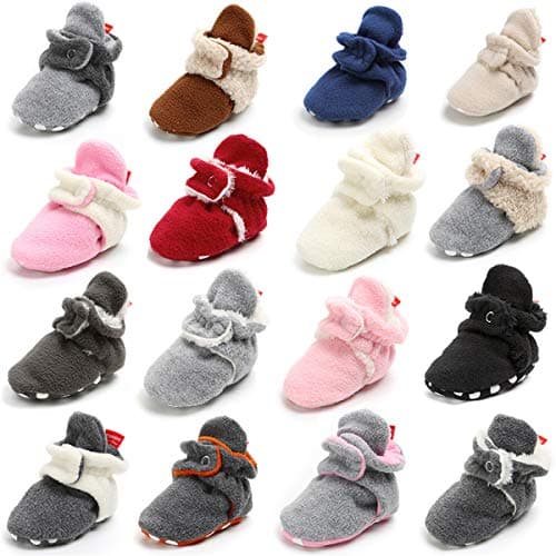 ENERCAKE Newborn Baby Boys Girls Cozy Fleece Booties with Grippers Stay On Slipper Socks Crib Infant Winter Shoes（6-12 months infant，A/Red with Snaps)