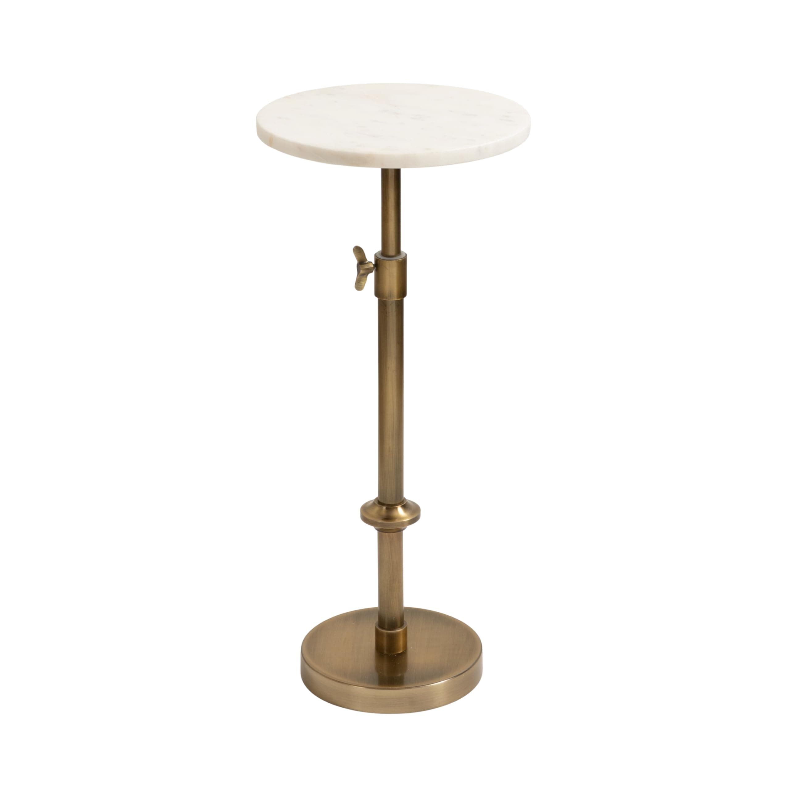 Kate and Laurel Engles Traditional Adjustable-Height Pedestal Drink Table, 10 x 10 x 30, White Marble and Antique Brass, Vintage Round Indoor Metal Plant Stand with Authentic Marble Tabletop