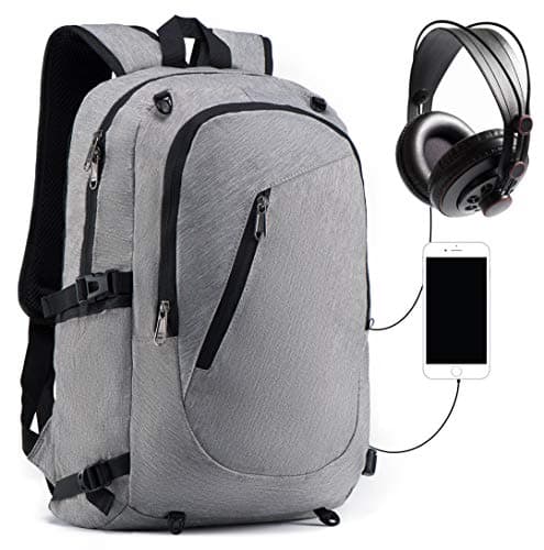 Slim Laptop Backpack, Outdoor Sports Backpack with USB Charging/Headphone Port and Basketball Net, Casual Travel Daypack Fits 15.6" Laptop - Grey