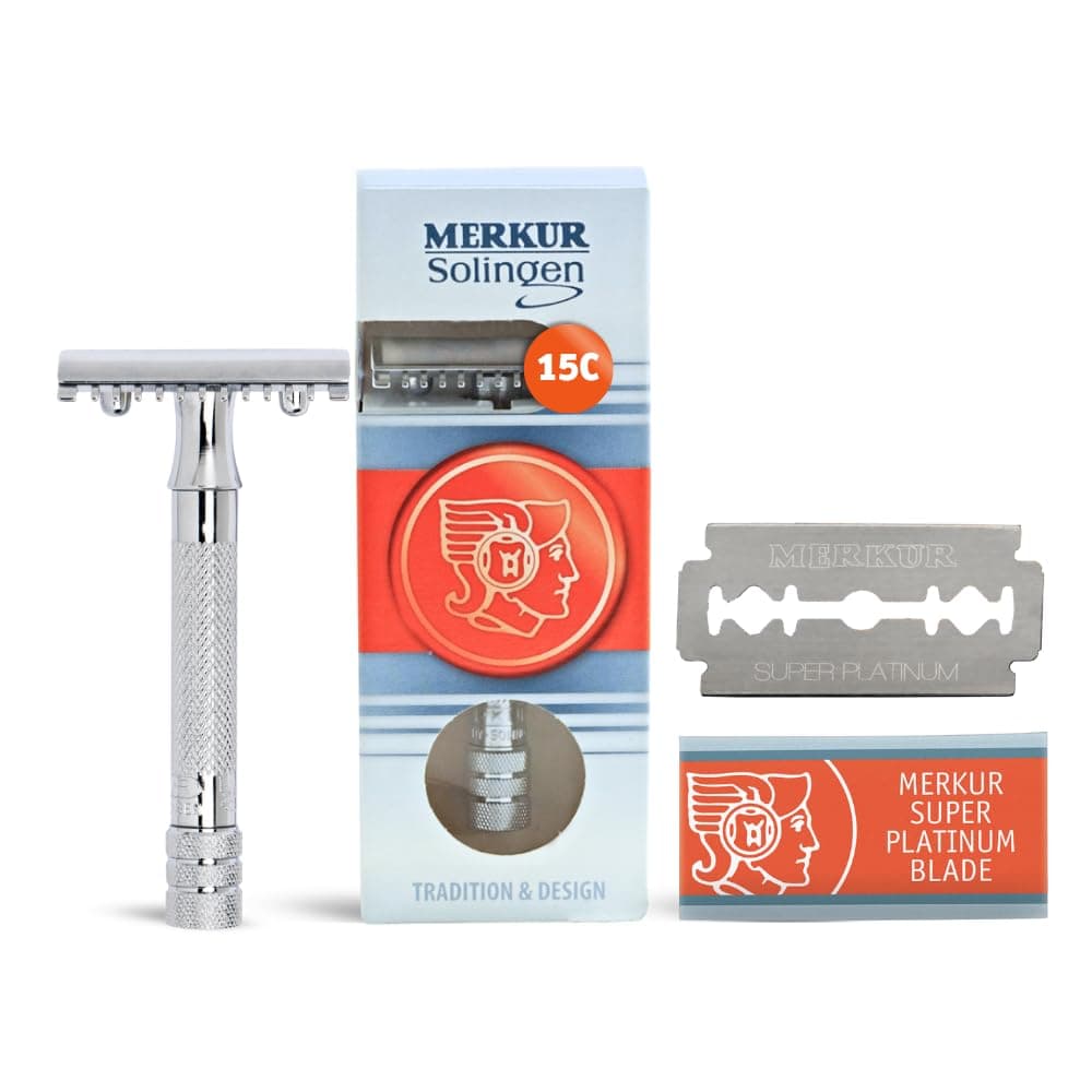 MERKUR 15C Double Edge Safety Razor in Bright Chrome with an Open Comb Design, Standard Handle, Made in Germany, Plastic-Free, Three-Piece Design, and Straight Bar