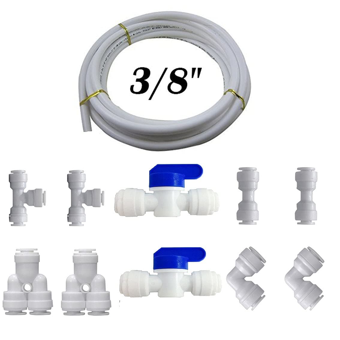 3/8" Quick Connect Water Purifiers Tube Fittings for RO Water Reverse Osmosis System Pack Of 10（Ball Valve+Y+L+I+T Type）+5 meters（15 feet） tubing hose pipe for RO Water Reverse Osmosis System