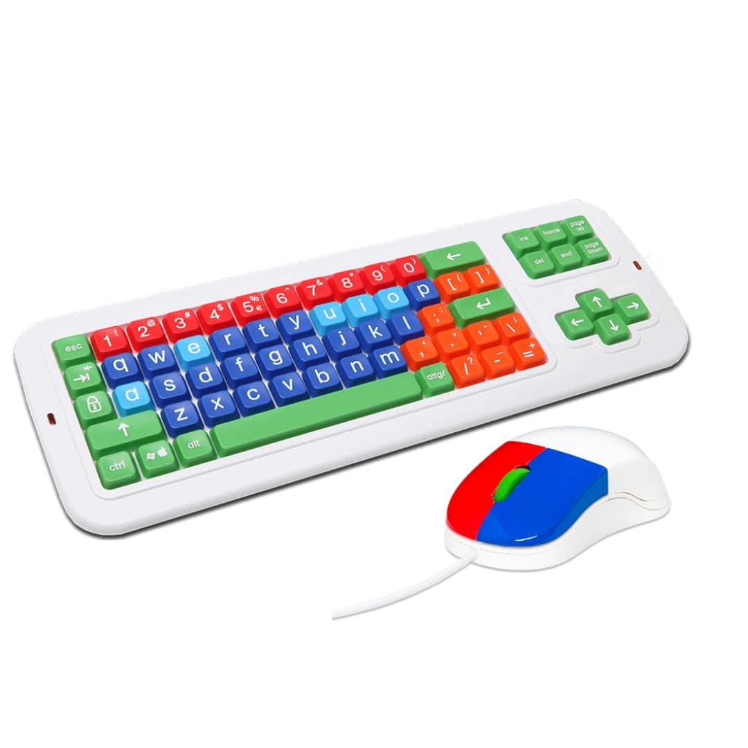 Clevy Large Print Mechanical and Solid Spill Proof Keyboard Lowercase with Color Coded Kids Mouse- (Optical, Ergonomic, USB, Sturdy Design and Compatible with Win & macOS