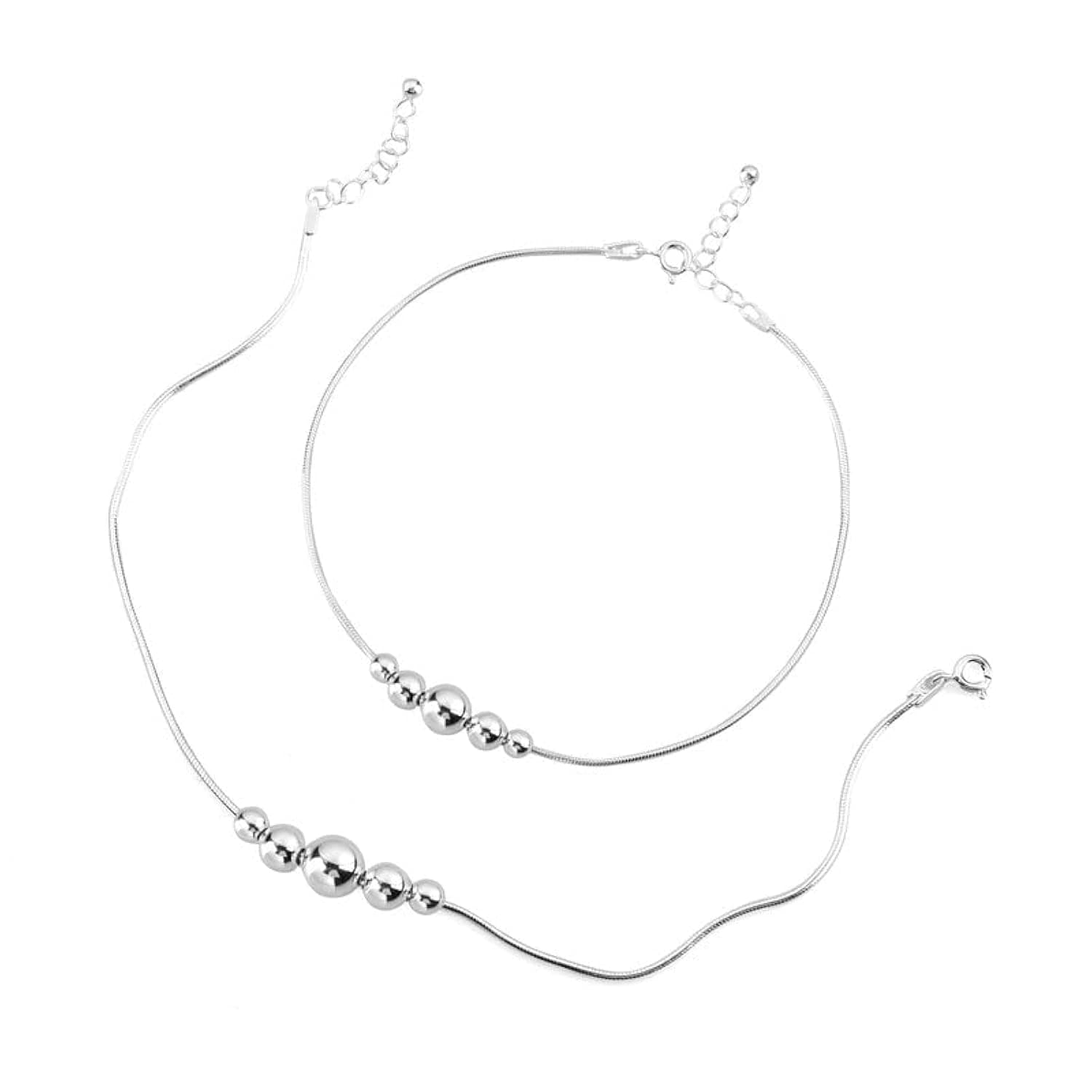 DHRUVS COLLECTION 925 Pure Silver 5 Moving Ball Threaded Snake Pattern Anklet (Payal) in Pure 92.5 Pure Sterling Silver for Girls & Women