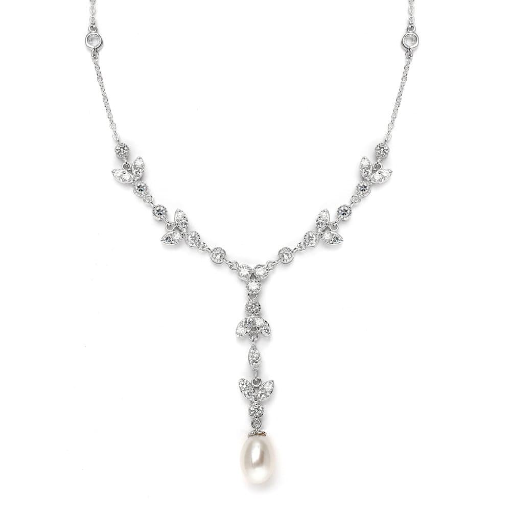 MariellFreshwater Pearl and CZ Tulip Dangle Wedding Necklace - Silver Platinum Plated Jewelry for Brides