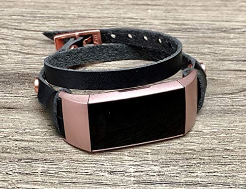 Rose Gold Jewelry Black Leather Band For Fitbit Charge 3 Handmade Double Wrap Bracelet Fitbit Charge 3 Women Band Adjustable Size Strap Fashion Luxury Fitbit Charge 3 Wristband