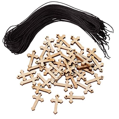 Genie Crafts36 Pack Bulk Mini Wooden Cross Pendant Necklaces for Easter Gifts, DIY Wood Arts and Crafts (1.375 x 0.8 x 0.2 Inch)