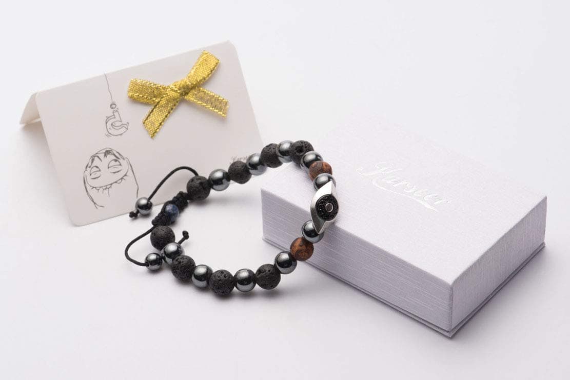 Karseer Vintage Silver and Black Plated Hamsa Evil Eye Stress Relief Reiki Healing Bracelet Natural Hemae Agate Dzi Lava Rock Lapis Lazuli Beaded Macrame Adjustable Anti Anxiety Diffuser Bracelet