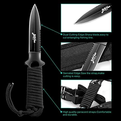 Dive Knife, Scuba Diving Knife with Sheath and Leg Strap, Black Tip Dive knife Double Edge with Nylon, ABS Sheaths and 2 Pairs Strap for Leg and Arm, Divers Sharp knives